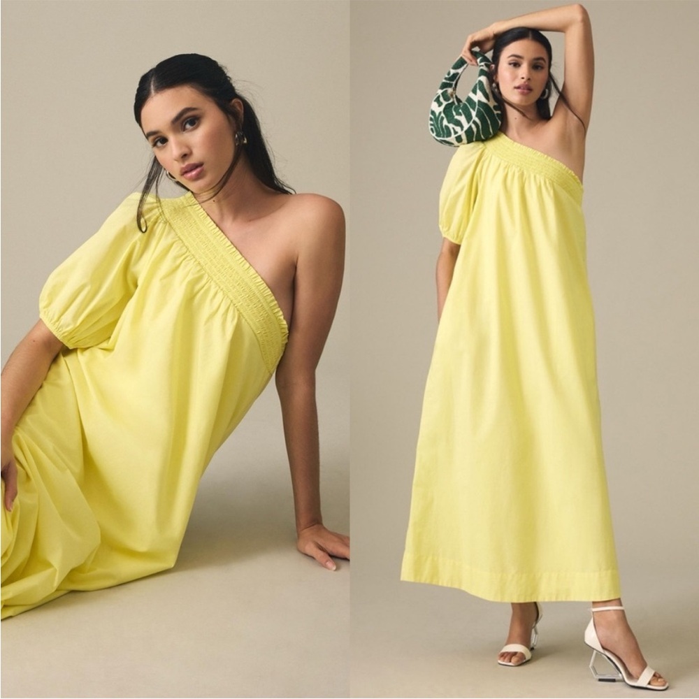 Maeve Anthropologie One-Shoulder Yellow Cotton Maxi Dress